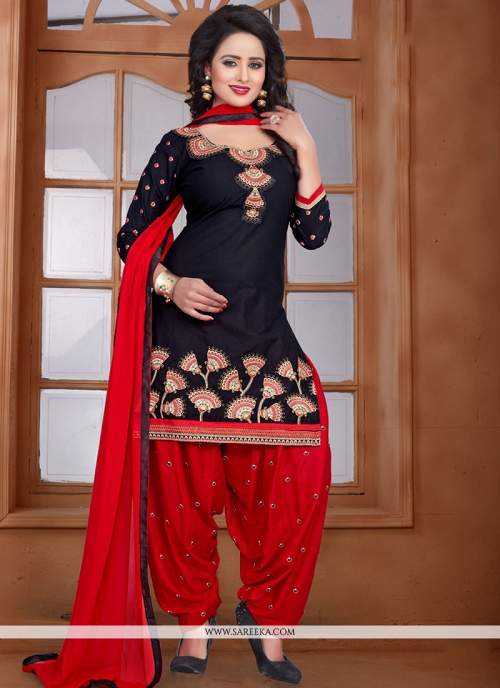 grandiose lace work black and red punjabi suit 55095