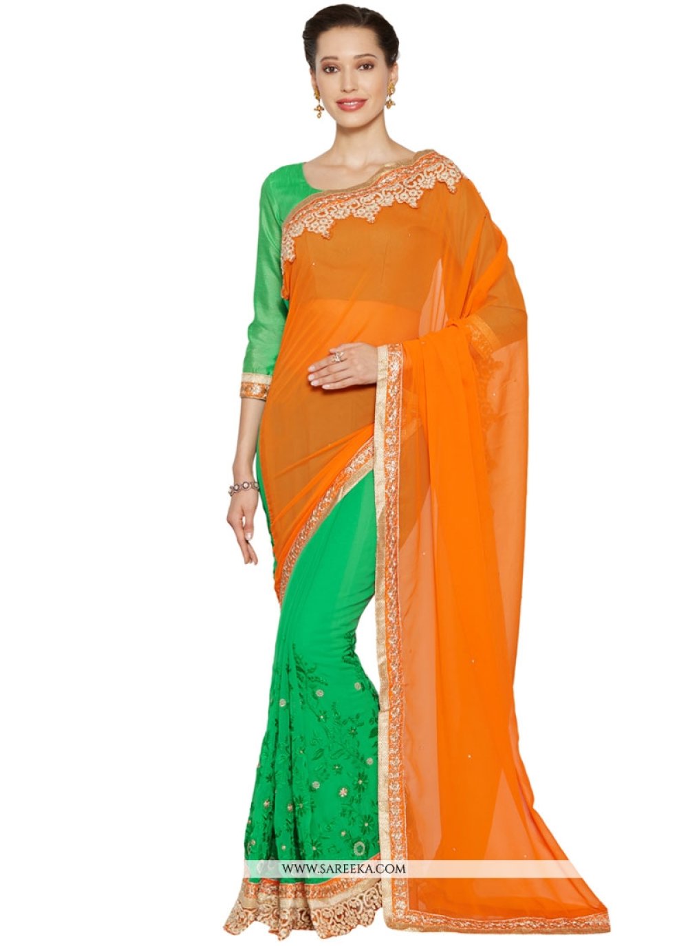 Green and Orange Lace Work Faux Georgette Designer Half N Half Saree Green and Orange Lace Work Faux Georgette Designer Half N Half Saree
