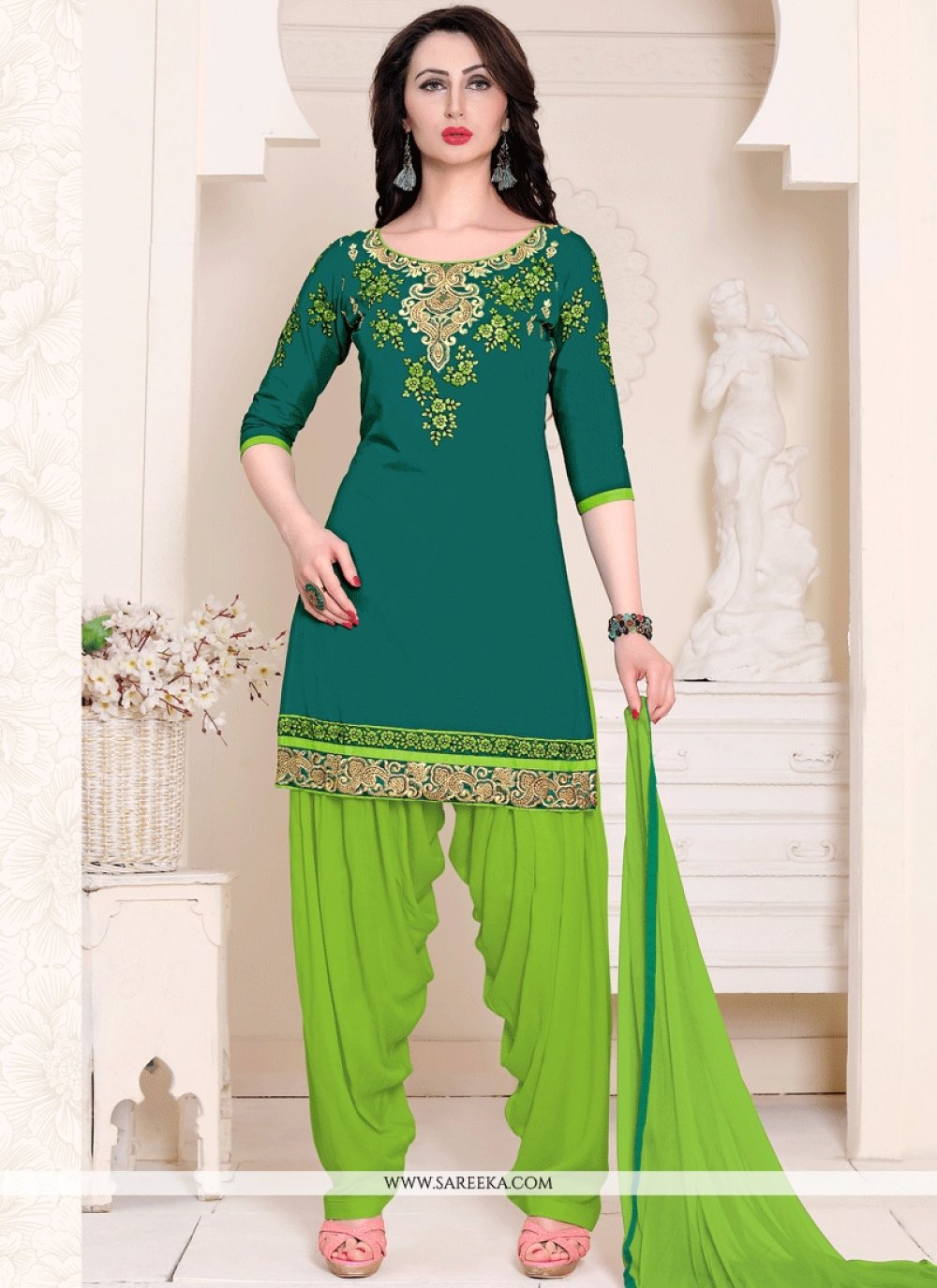 Buy Green Cotton Punjabi Suit Online : 61968