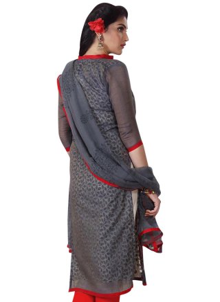 Grey and Red Chanderi Pant Style Suit