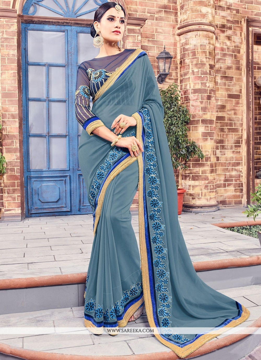 Buy Grey Embroidered Work Fancy Fabric Designer Saree Online