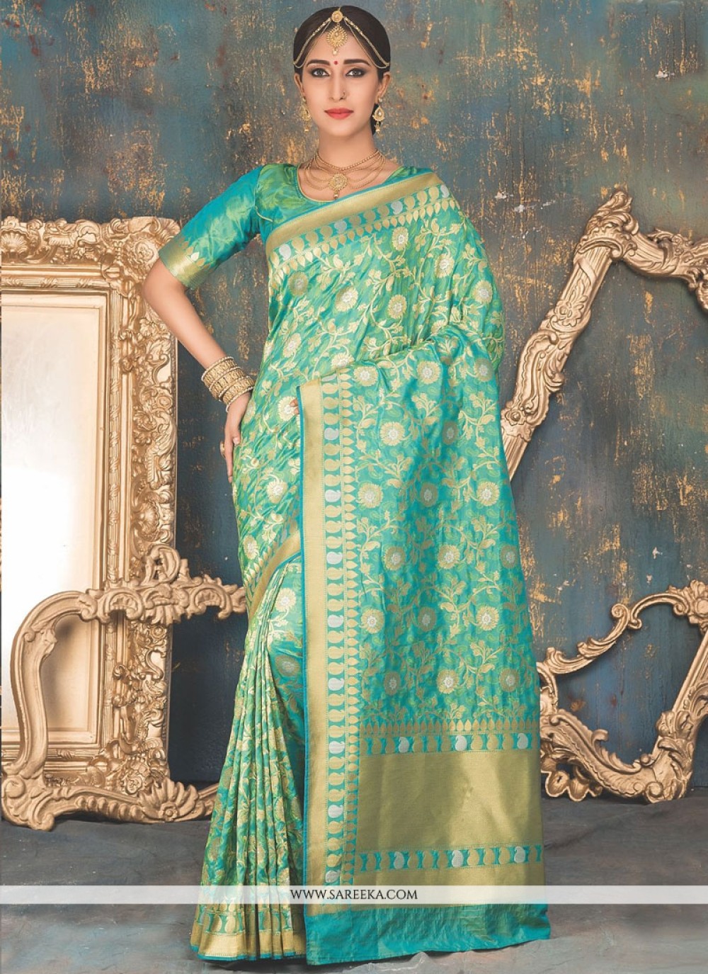 Buy Sea Green Weaving Work Banarasi Silk Traditional Saree Online At ...