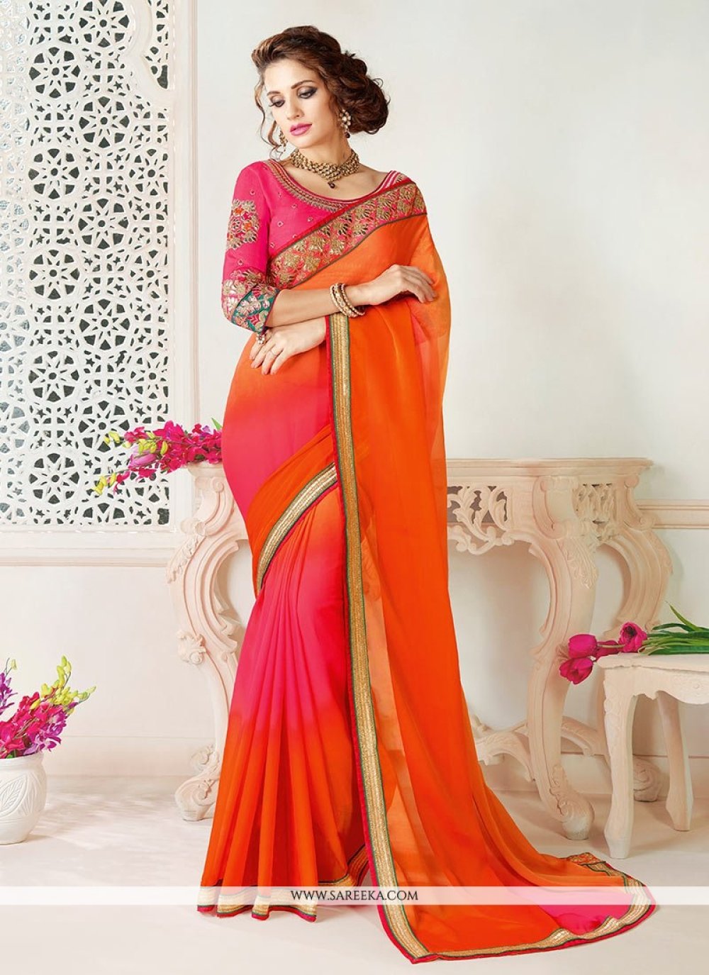 orange and pink saree online