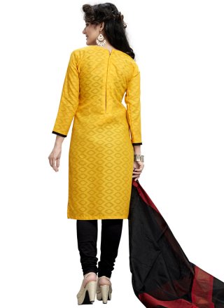 Embroidered Work Yellow Jacquard Churidar Suit