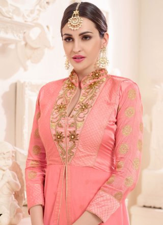 Peach Embroidered Work Faux Georgette Designer Suit