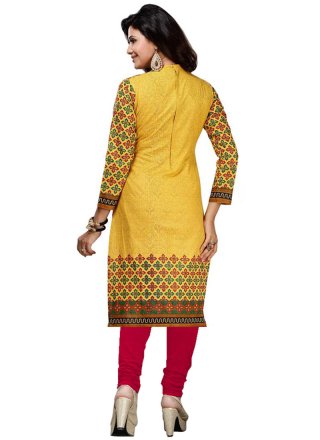 Embroidered Work Yellow Churidar Suit