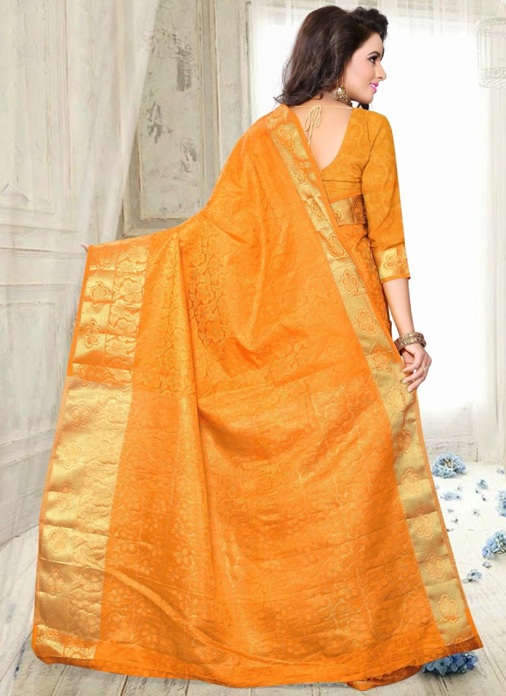 Buy Art Silk Orange Traditional Saree Online USA, UK