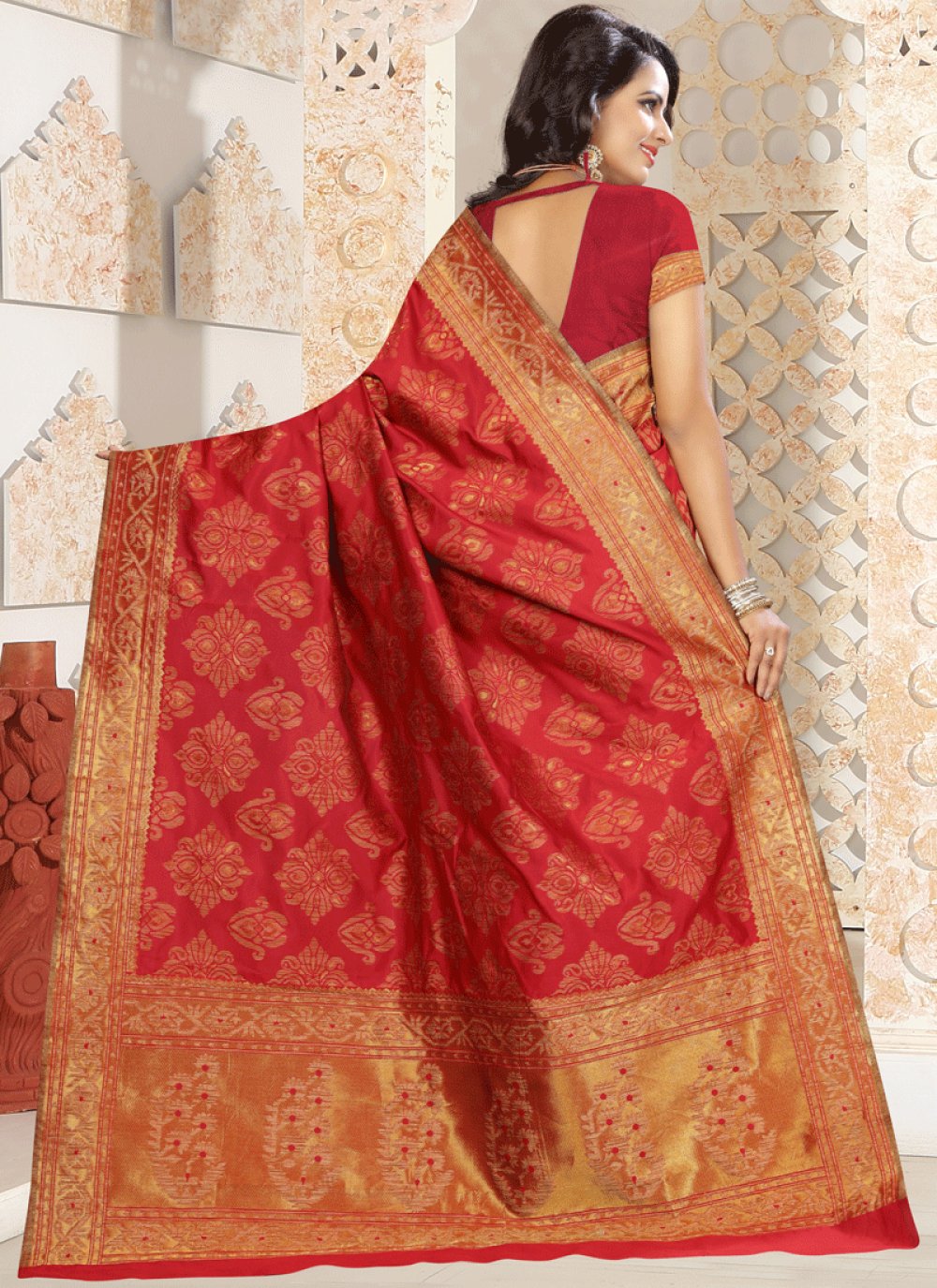 Buy Kanchipuram Silk Red Designer Traditional Saree 65928 