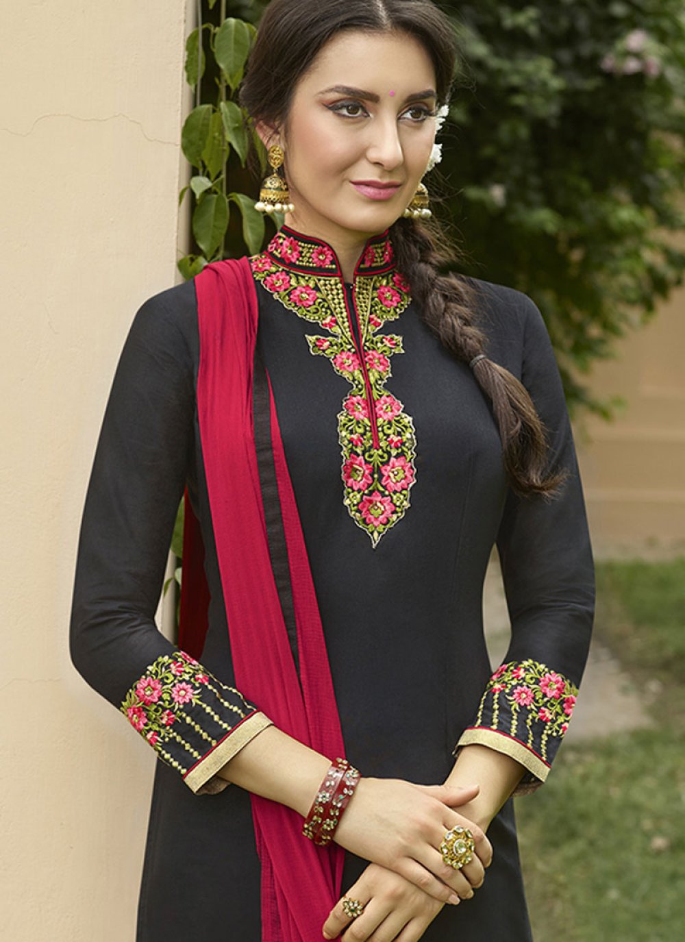 Buy Lace Cotton Punjabi Suit in Black Online 66784