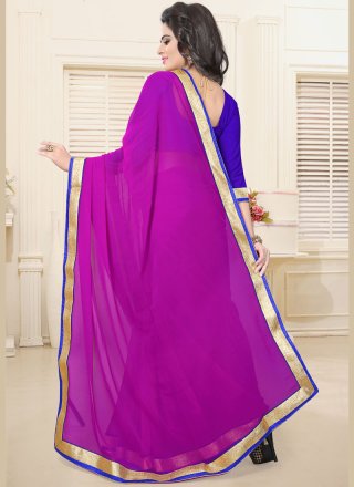 Lace Faux Georgette Casual Saree in Magenta