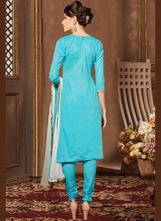 Lace Work Blue Cotton   Churidar Designer Suit