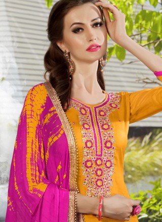 Lace Work Hot Pink and Mustard Cotton   Punjabi Suit