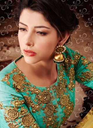 Embroidered Work Turquoise Banarasi Silk Designer Suit