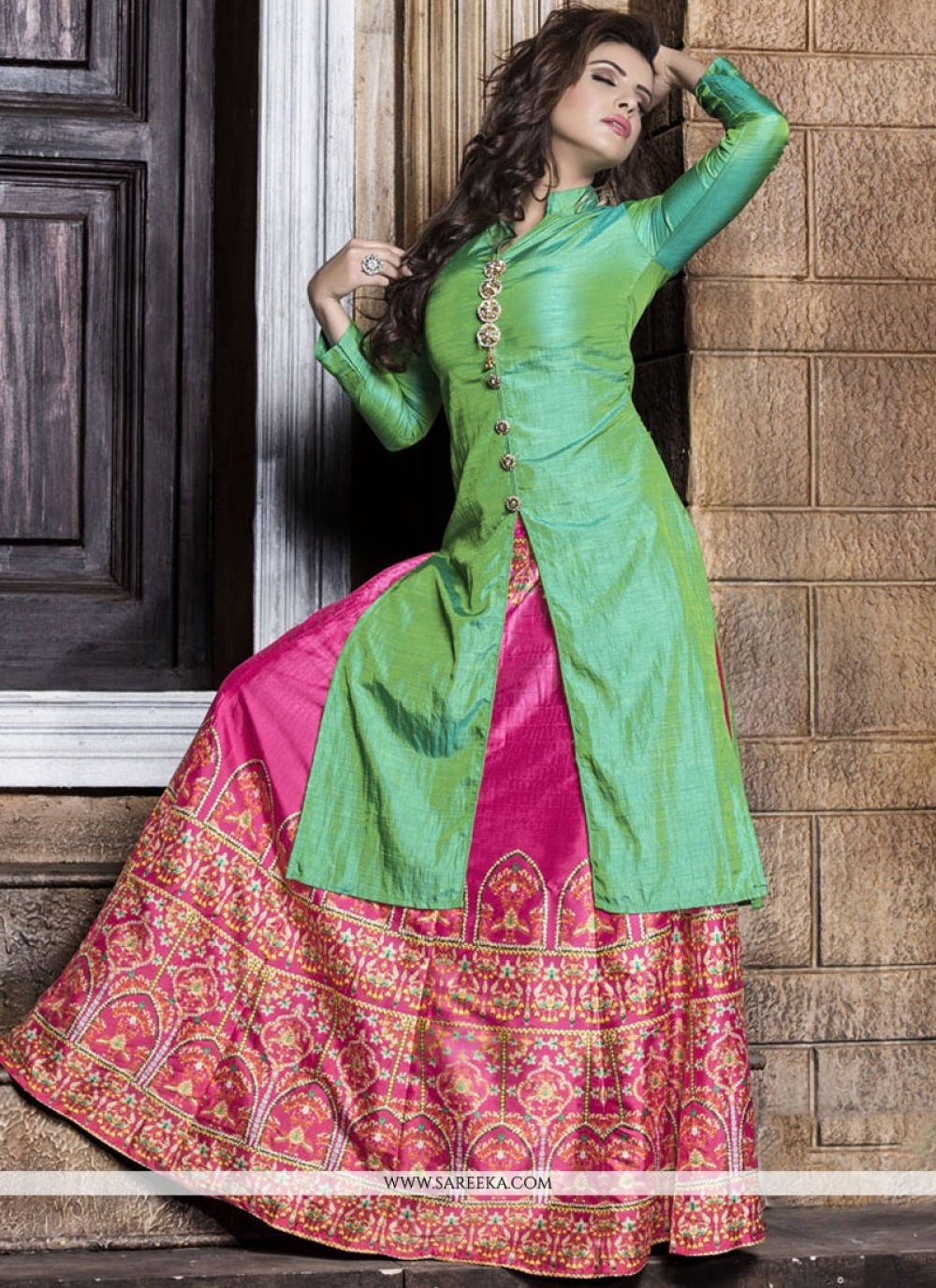 Green Color Banarasi Silk Kurti With Dupatta