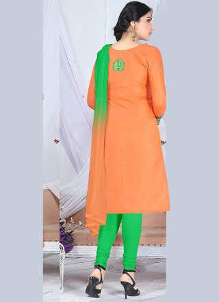 Embroidered Work Cotton   Green and Orange Churidar Suit