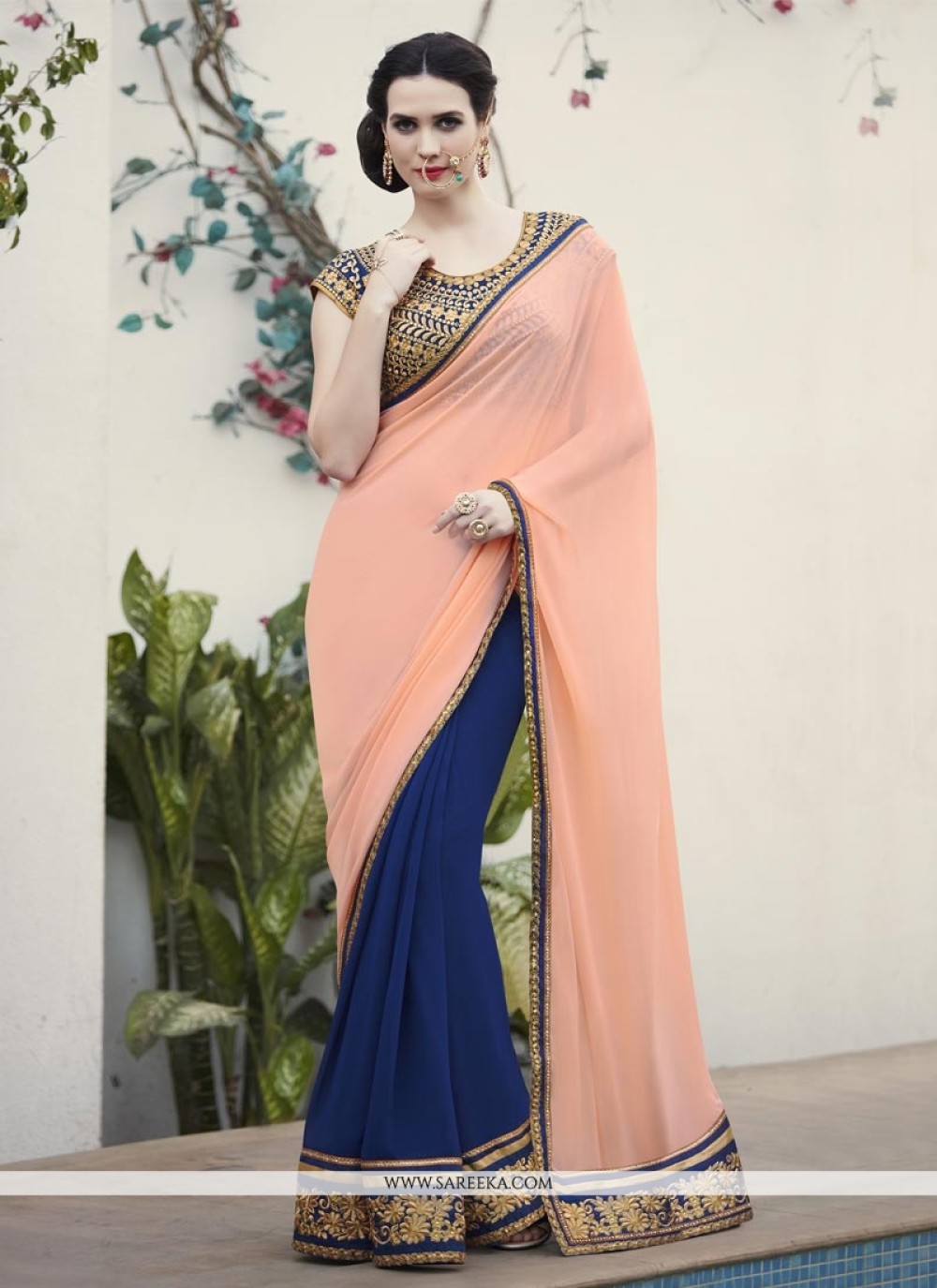 NAVY BLUE WITH PEACH COLOUR LICHI SILK SAREE | Elegant blouse designs,  Cotton saree blouse designs, Simple blouse designs