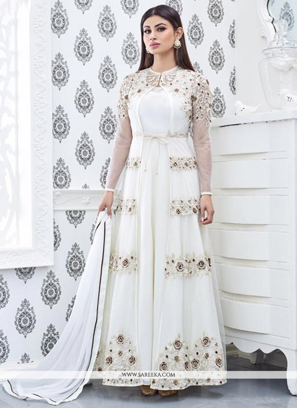 Buy Mouni Roy Embroidered Work Off White Designer Floor Length