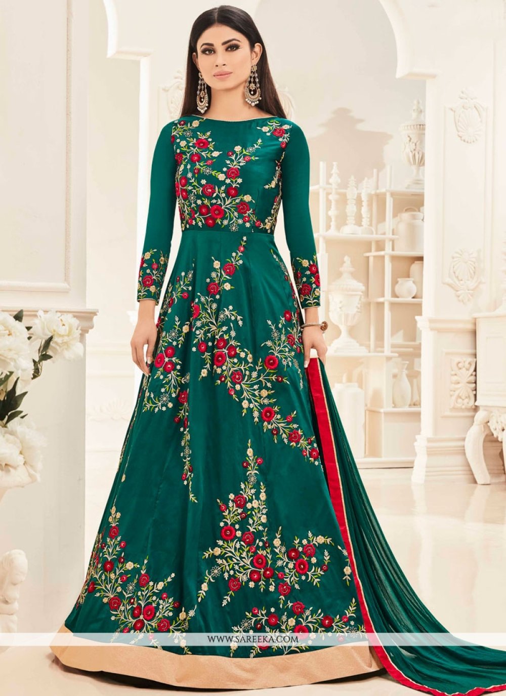 Buy Mouni Roy Teal Floor Length Anarkali Salwar Suit Online USA