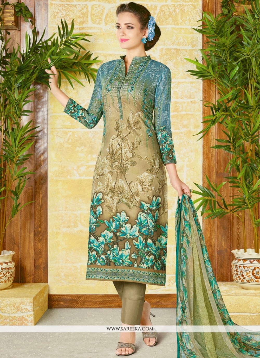 Flaunt Turquoise Green Colored Party Wear Embroidered Cotton Silk Palazzo  Suit