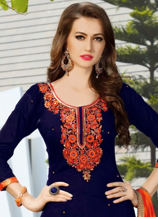 Cotton   Navy Blue and Orange Lace Work Punjabi Suit