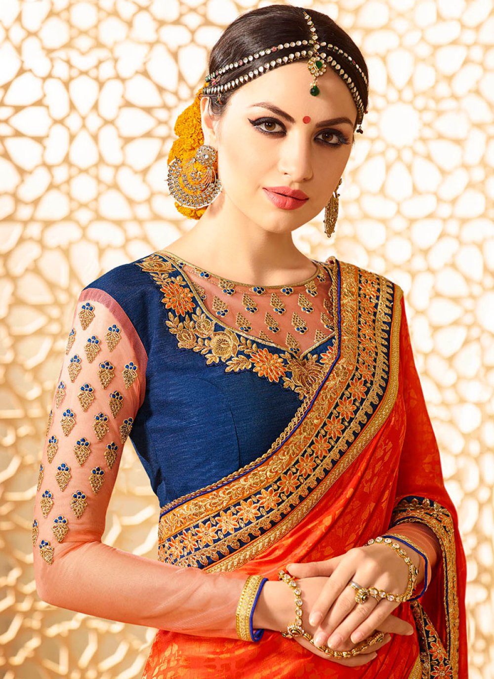 buy-navy-blue-and-orange-embroidered-work-jacquard-designer-half-n-half-saree-online-at-lowest