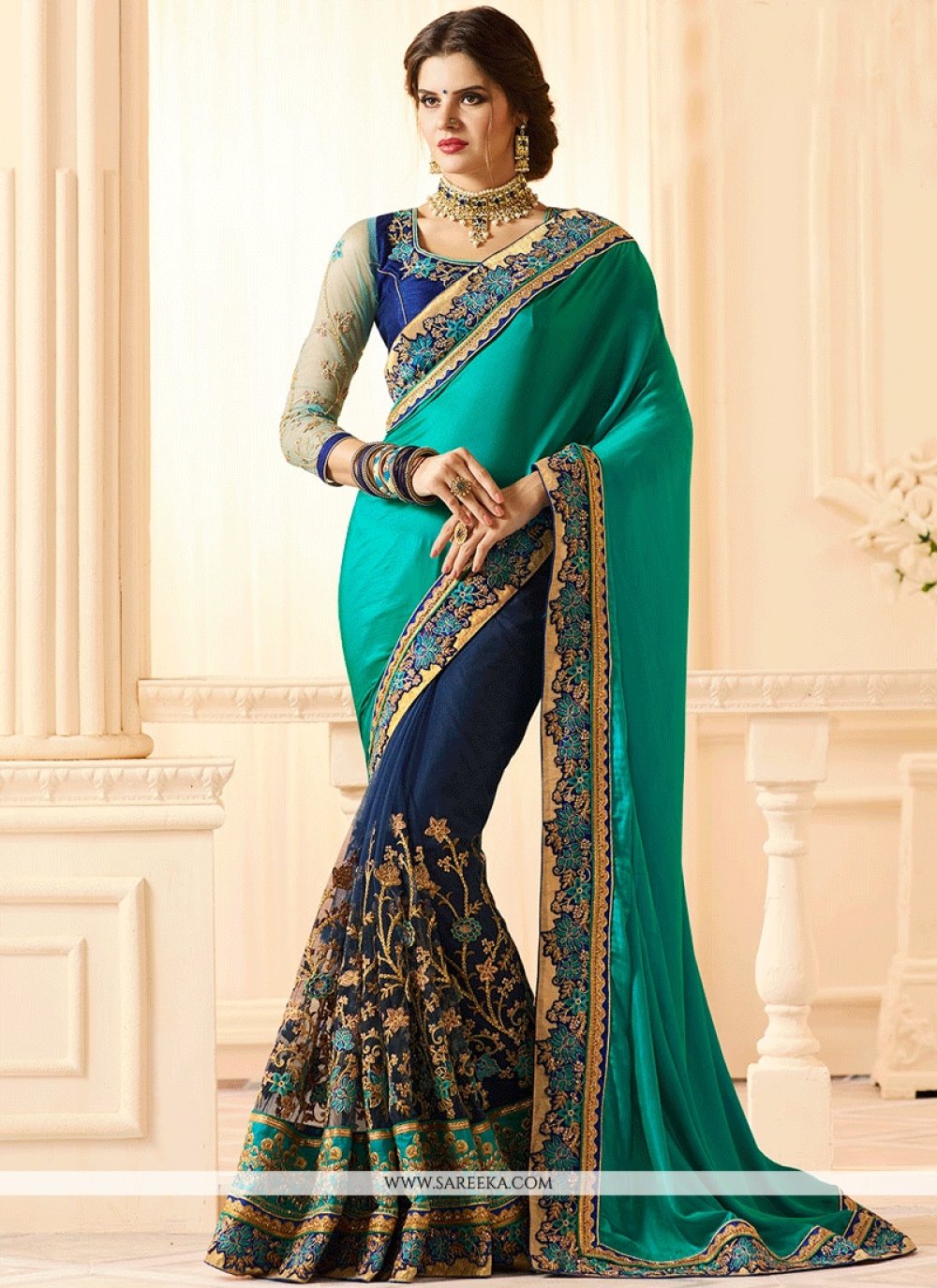 net navy blue and sea green designer half n half saree 66478