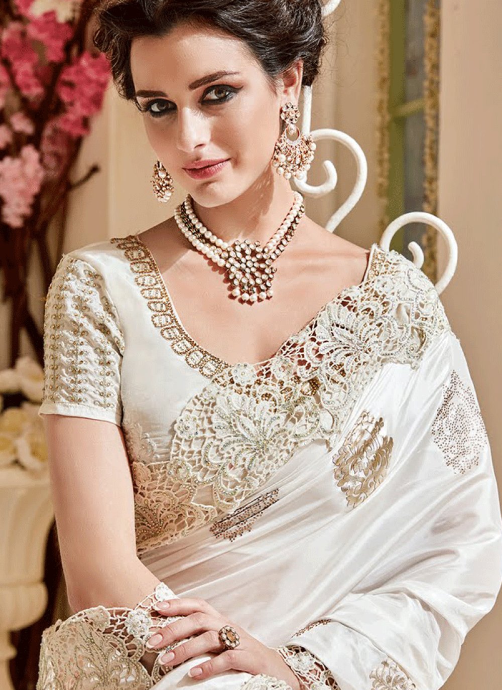 Buy Net White Resham Work Classic Designer Saree 66124 