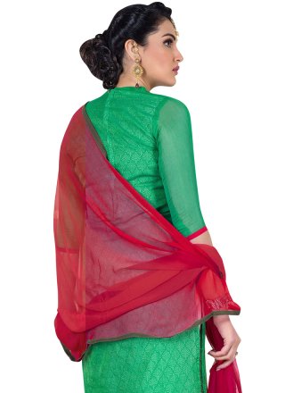 Embroidered Work Green and Red Chanderi Pant Style Suit