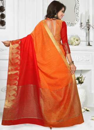 Orange and Red Thread Work Cotton   Classic Designer Saree