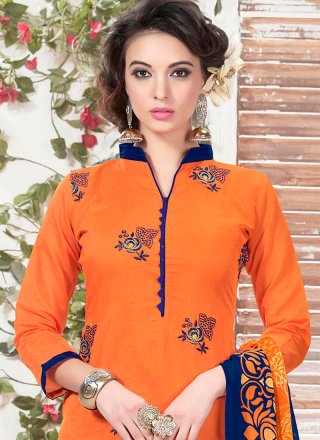 Orange Embroidered Work Churidar Suit