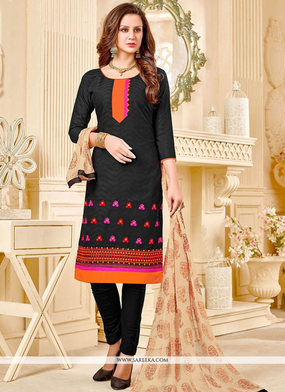 Buy Black Embroidered Work Cotton Churidar Suit Online Switzerland