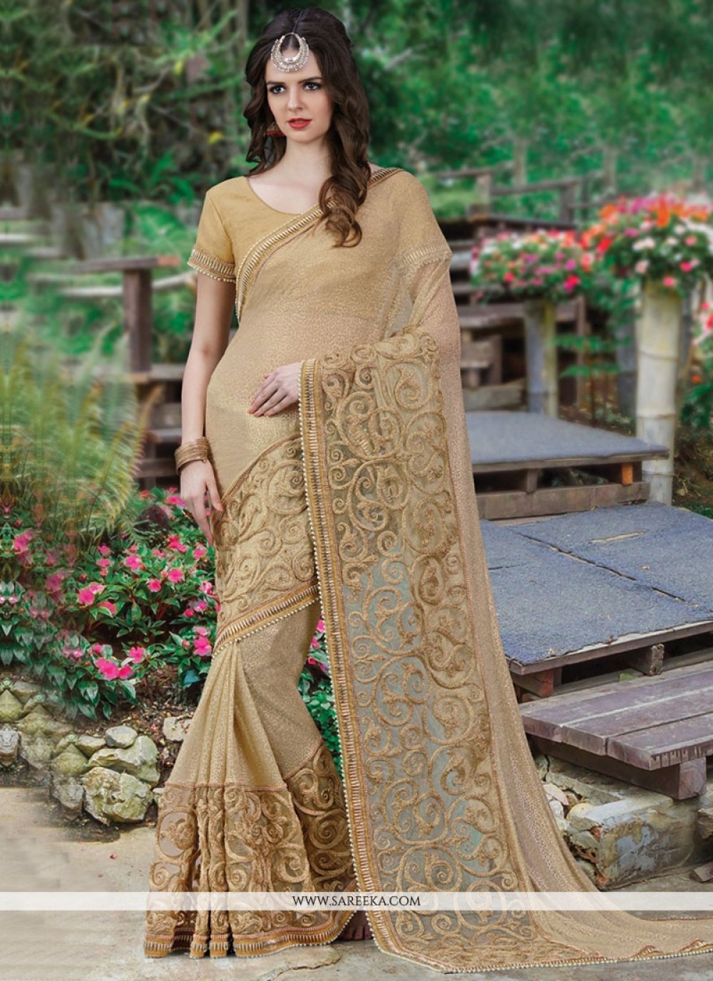 Buy Patch Border Faux Georgette Saree in Beige Online South Africa