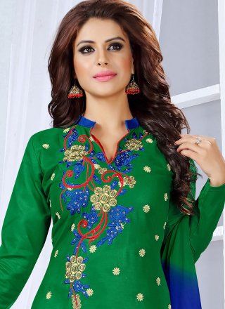 Cotton   Blue and Green Embroidered Work Churidar Suit