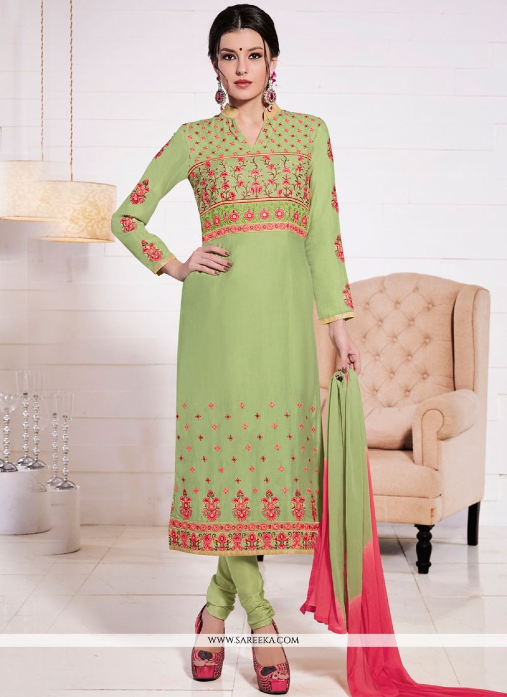 Buy Online Phenomenal Resham Work Cotton Green Churidar Suit : 58092