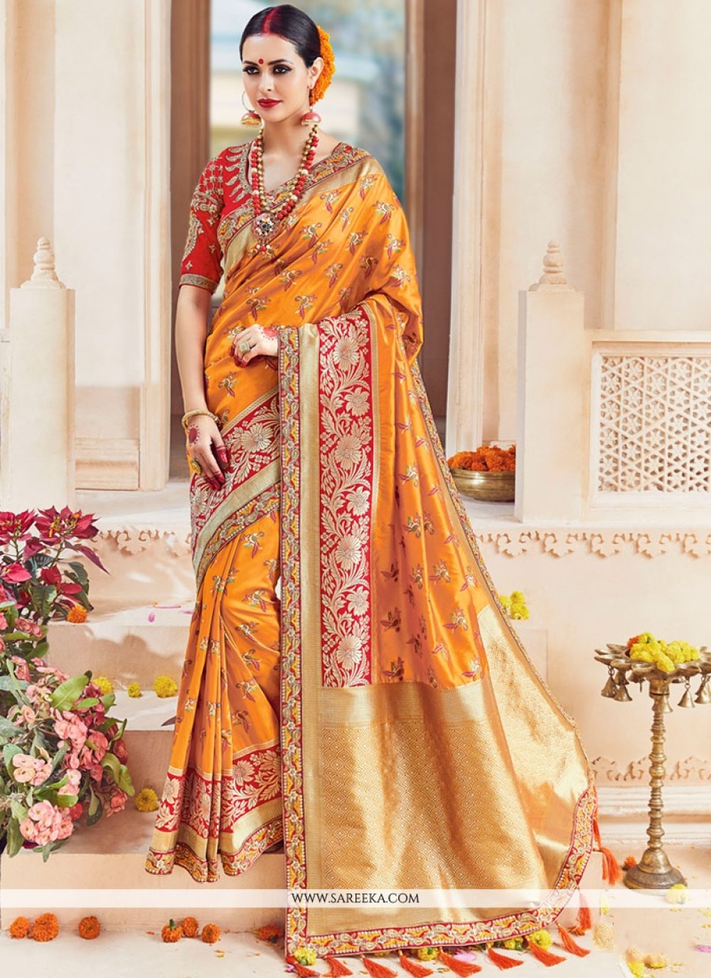 Buy Art Silk Mustard Embroidered Work Traditional Designer Saree Online at lowest price