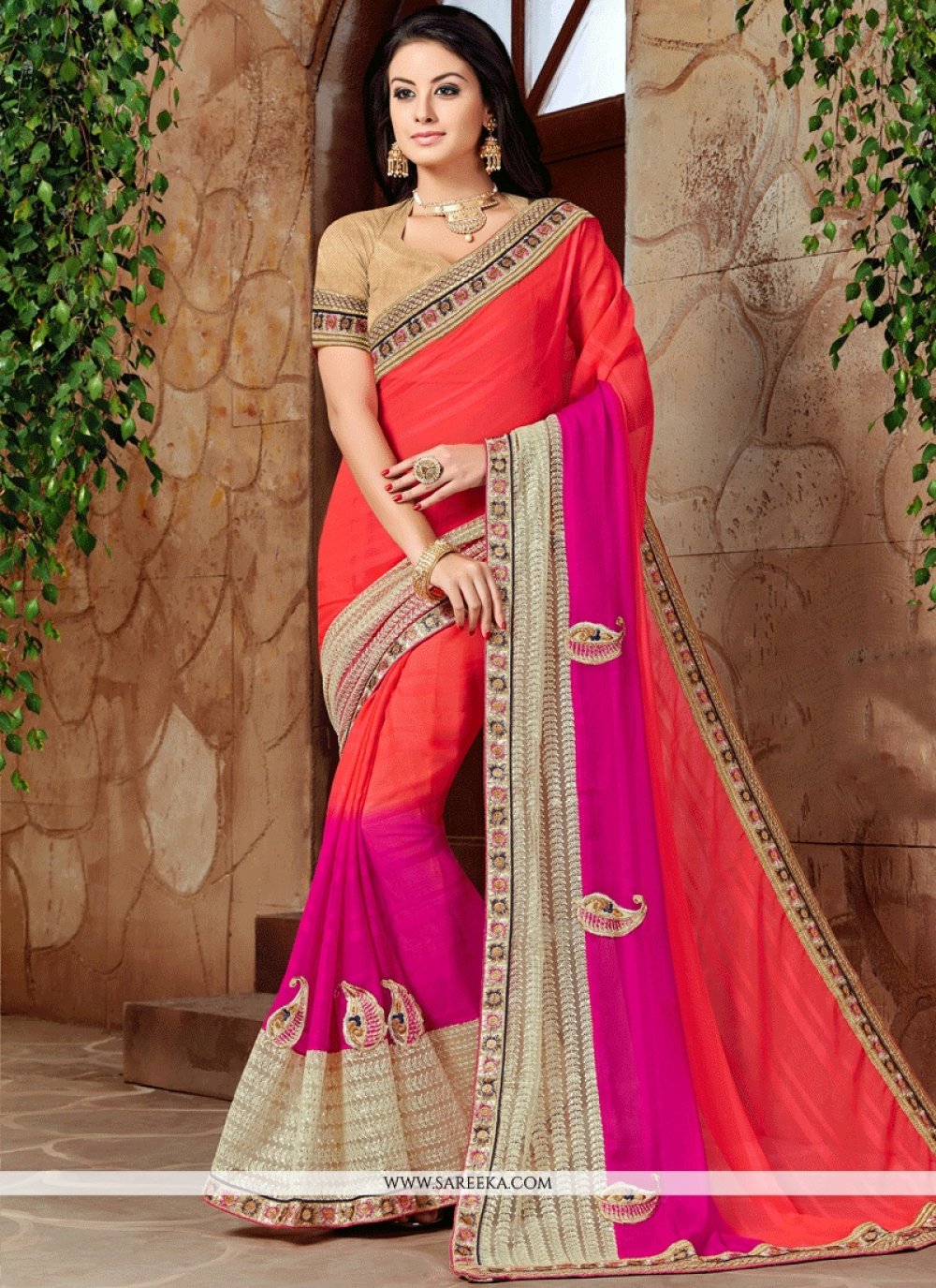 Buy Faux Georgette Hot Pink and Orange Shaded Saree Online : France