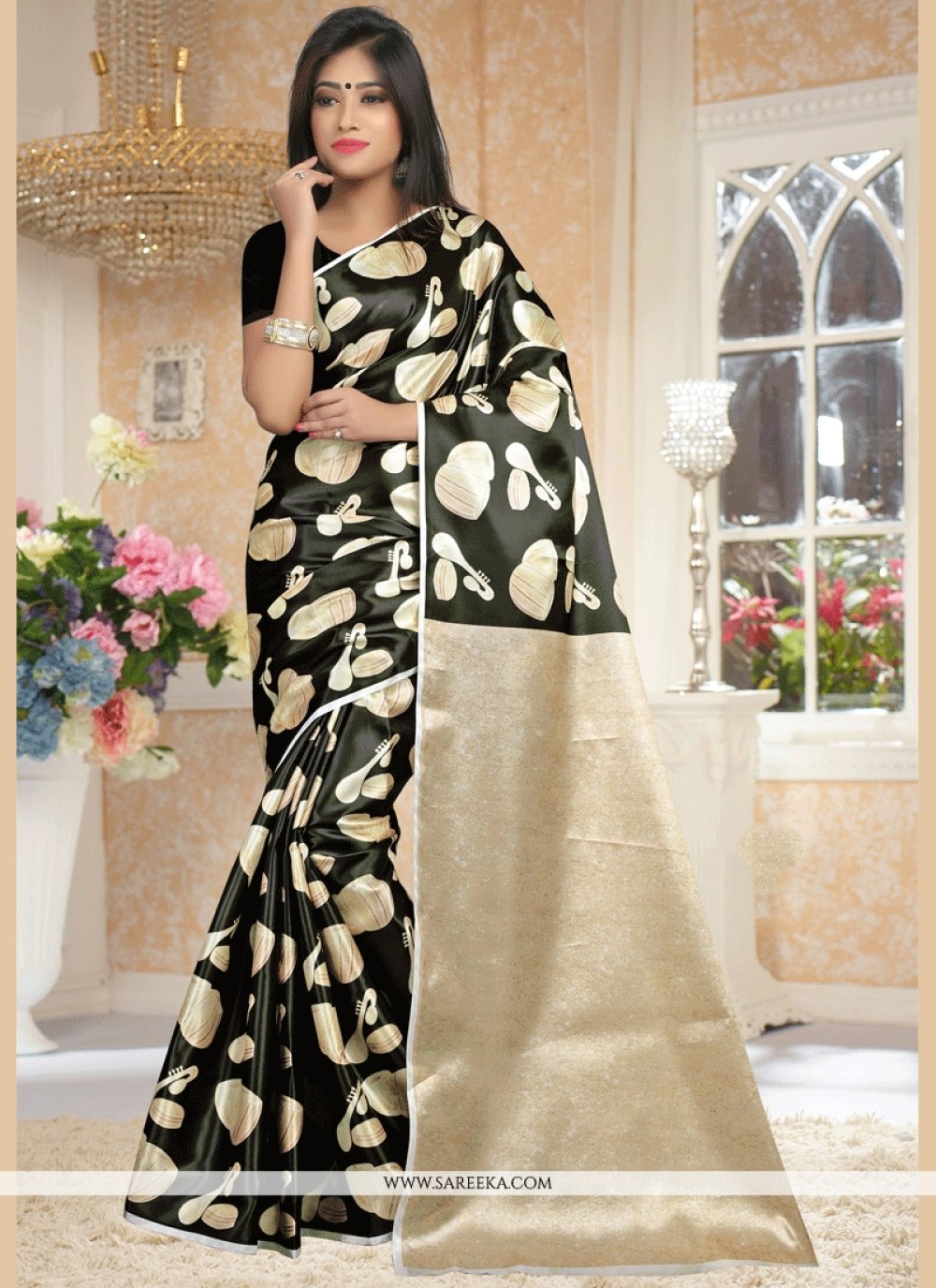 Buy Online Print Art Silk Traditional Designer Saree in Black : 61989