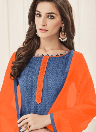Print Chanderi Churidar Suit in Blue and Orange