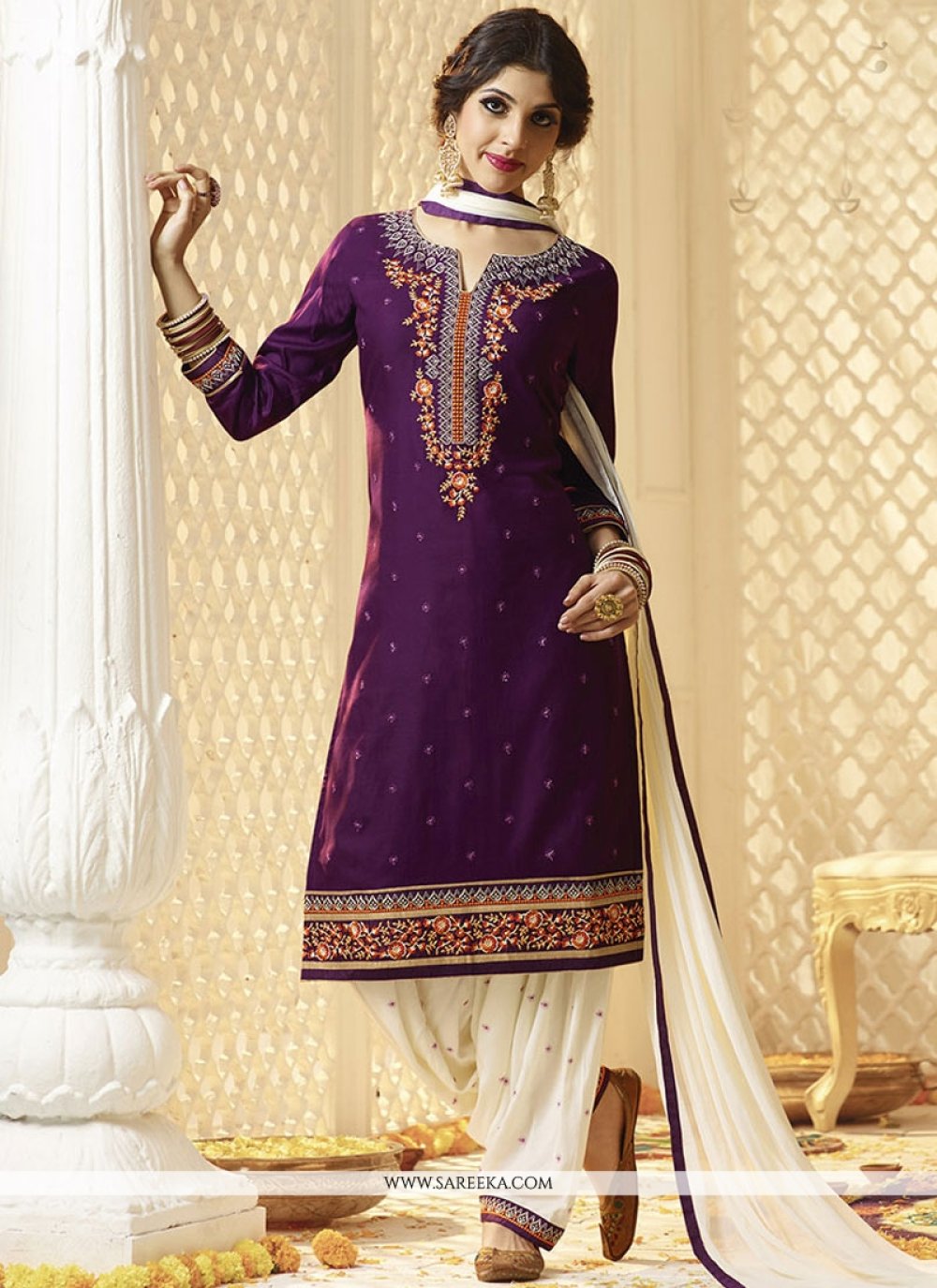 Buy Purple Cotton Satin Punjabi Suit 68126