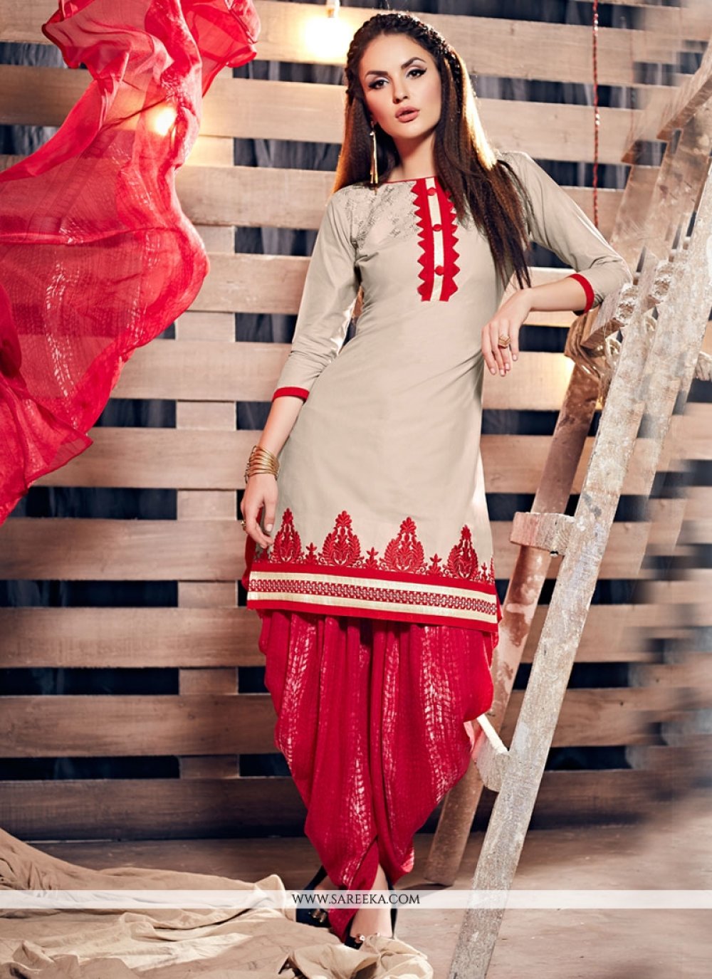 Buy Cotton Cream and Red Punjabi Suit Online : USA, UK - Punjabi Suits