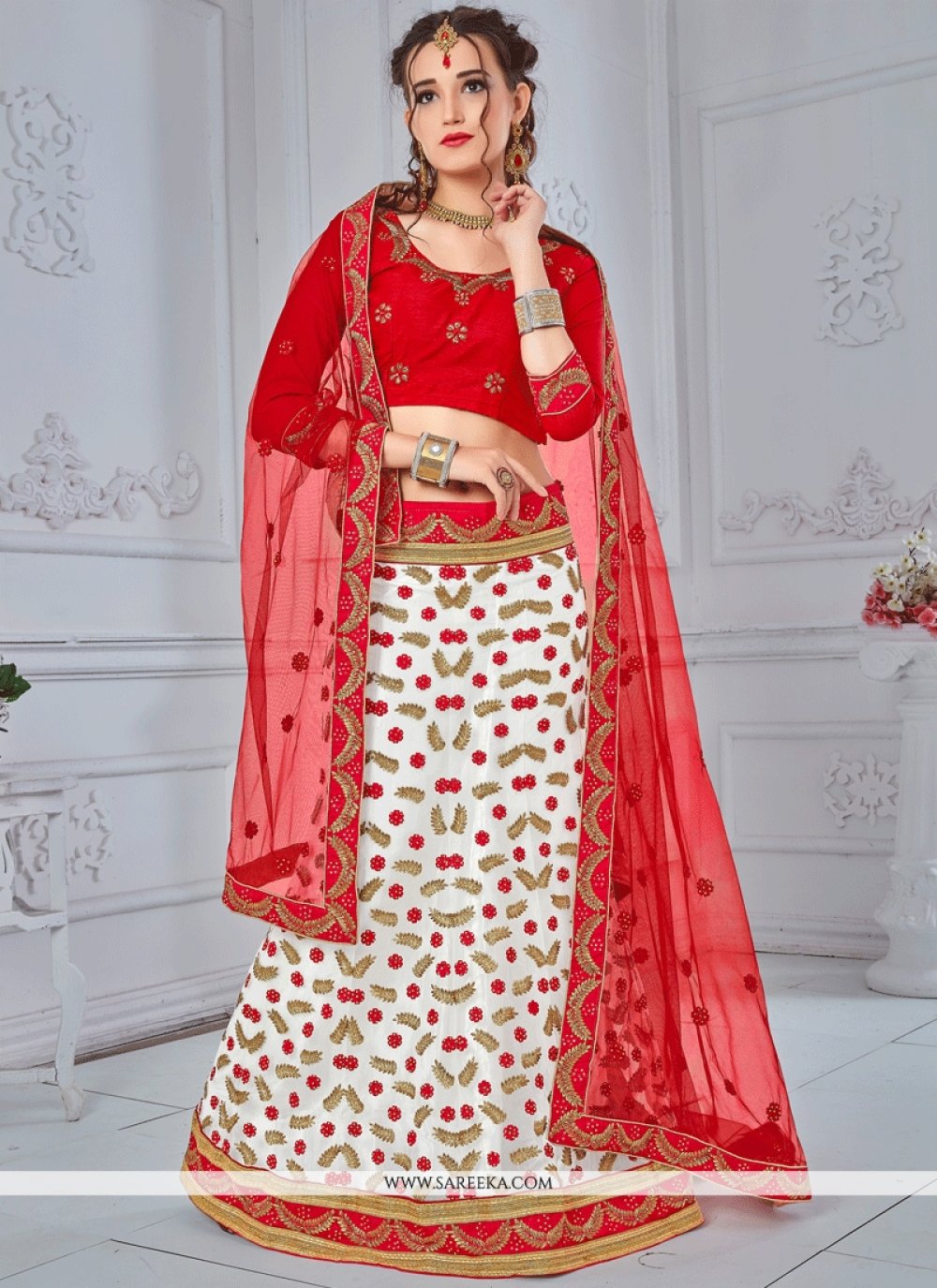 Ivory and Red Mirror Lehenga Set - Anisha Shetty - East Boutique