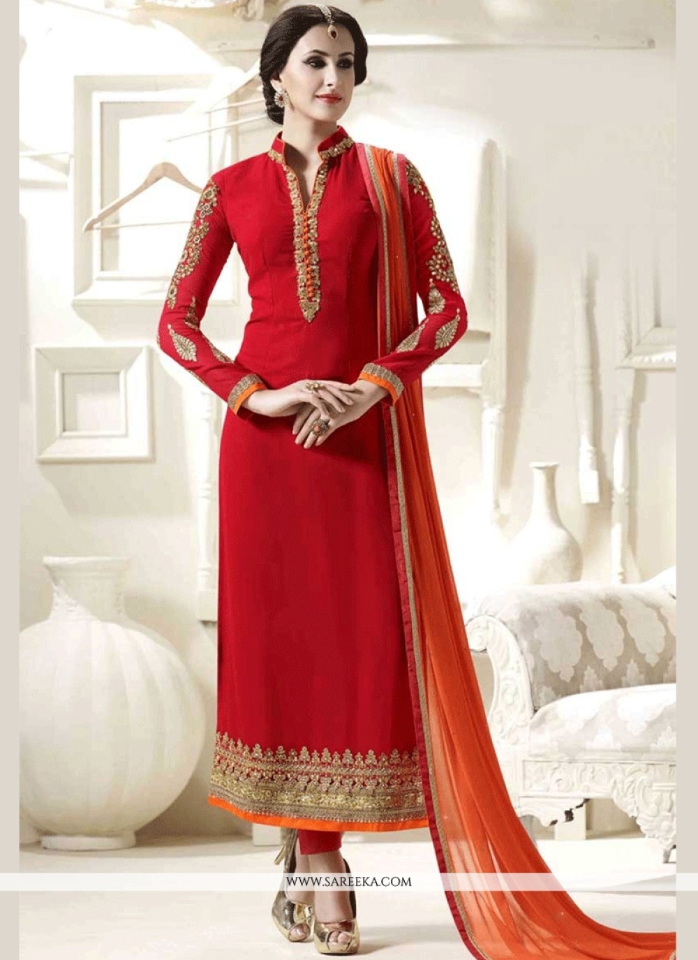 Buy Red Embroidered Work Faux Georgette Churidar Designer Suit : 62879