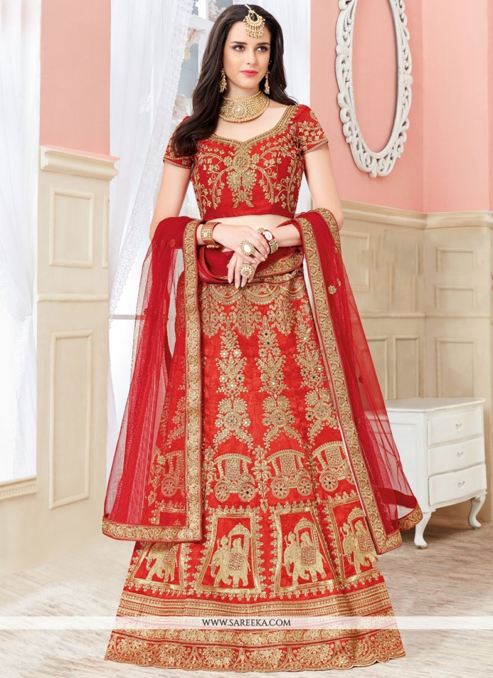 Buy Red Zari Work Lehenga Choli Online : Indian Ethnic Wear