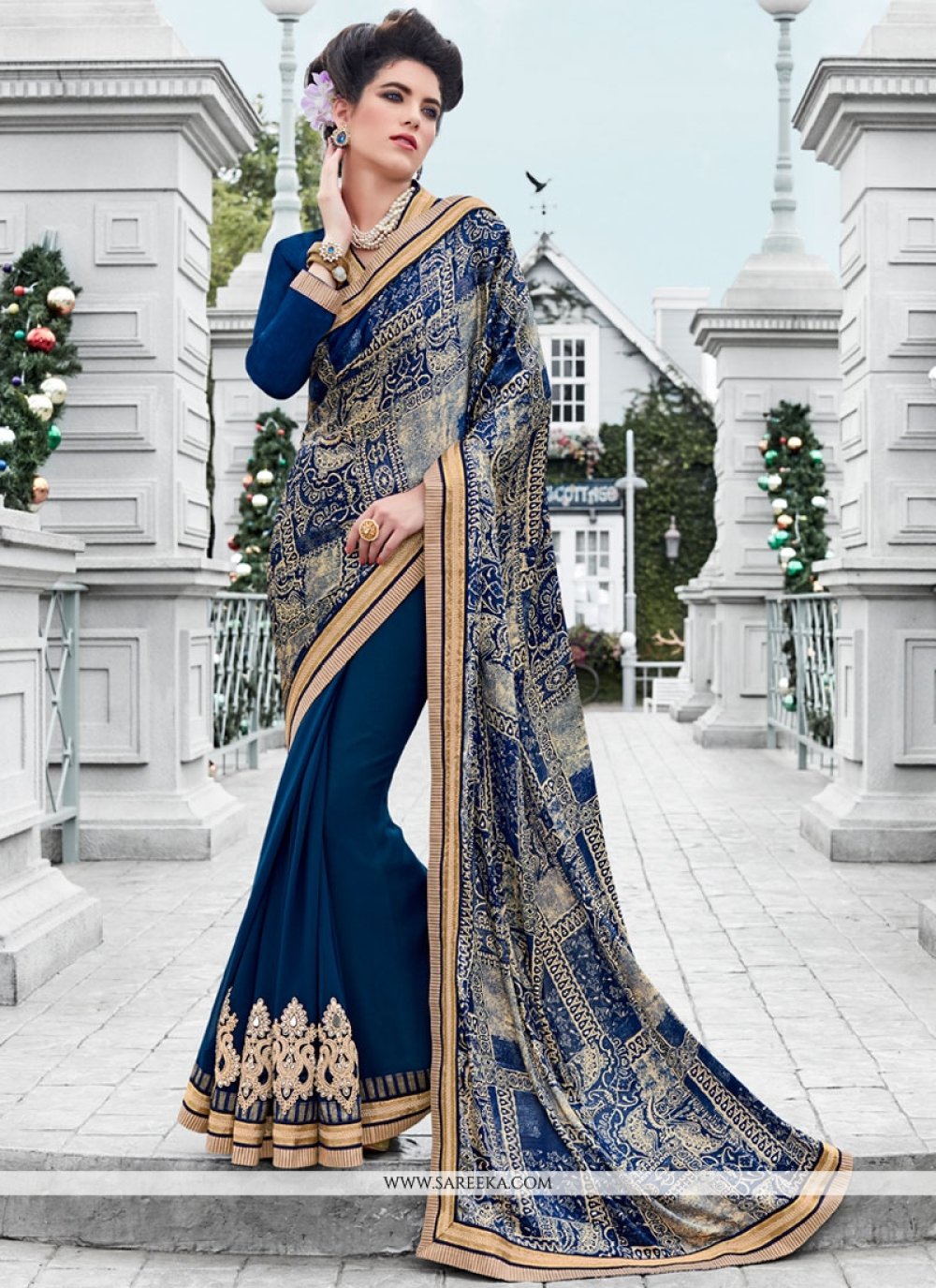 Navy Blue Classic Half and Half Saree with Sequin Tasseled Pallu - Seasons  India