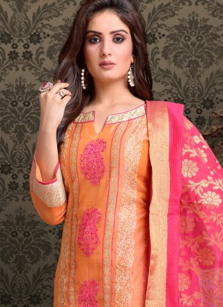 Resham Work Chanderi Orange and Pink Churidar Designer Suit