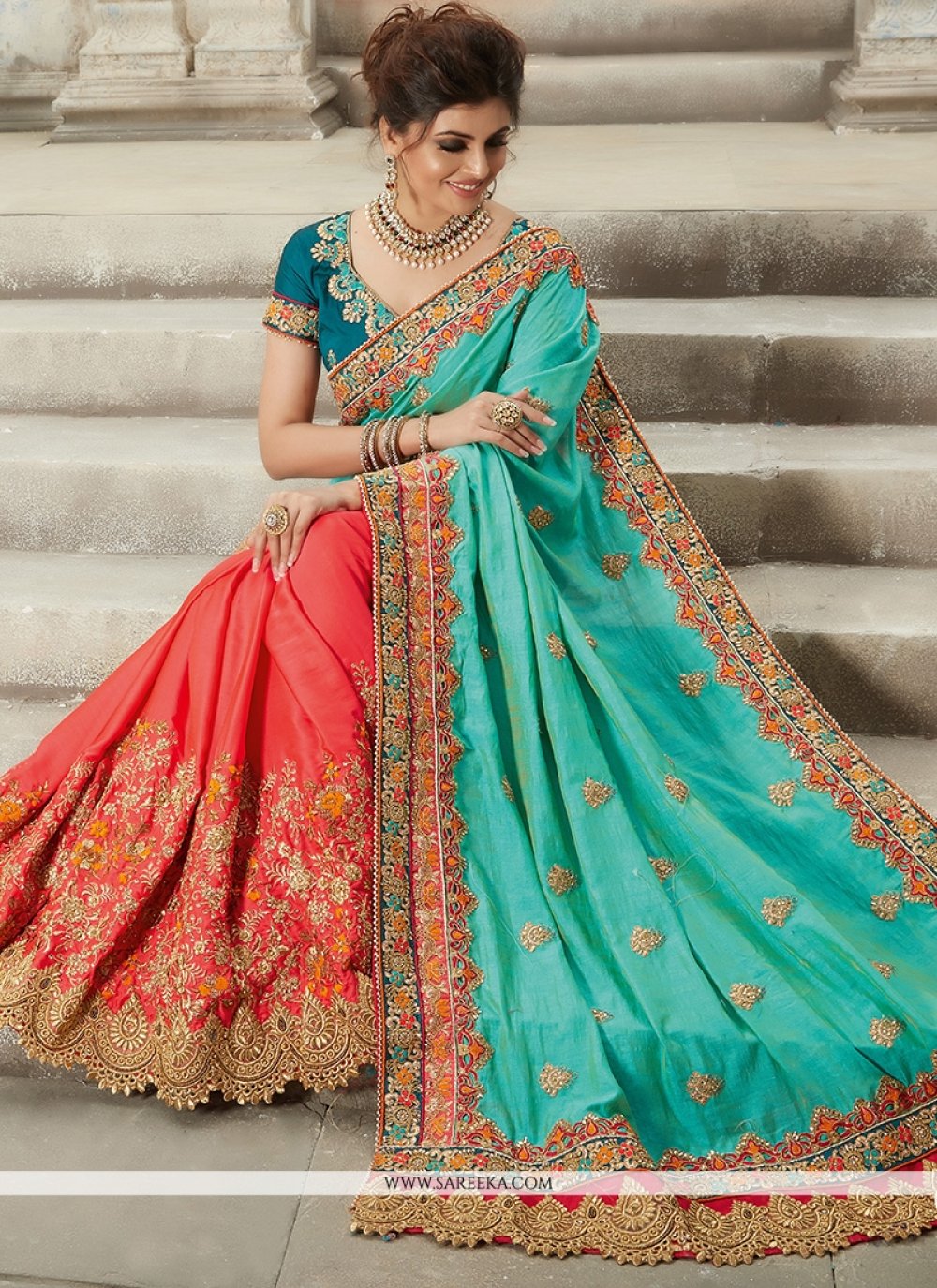 Buy Orange bottle green and rani silk and georgette wedding saree in UK,  USA and Canada