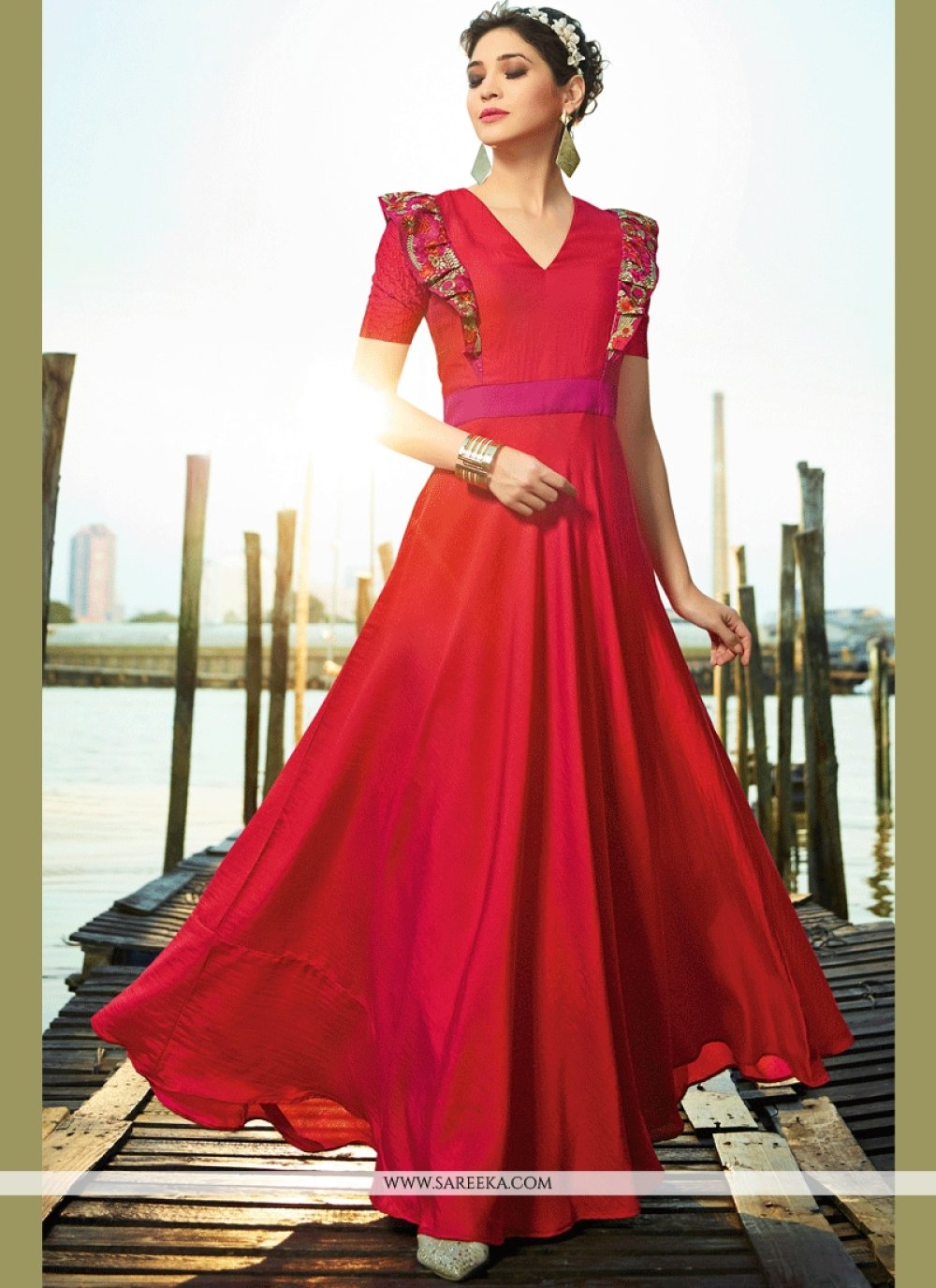 red embroidered gown