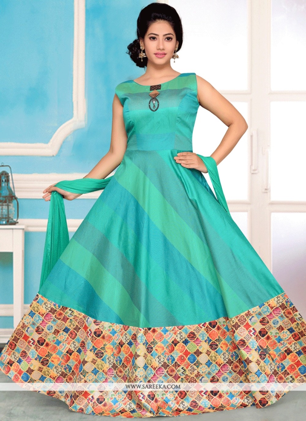 Buy Sea Green Readymade Anarkali Suit : 62036