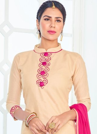 Beige and Hot Pink Cotton   Churidar Suit