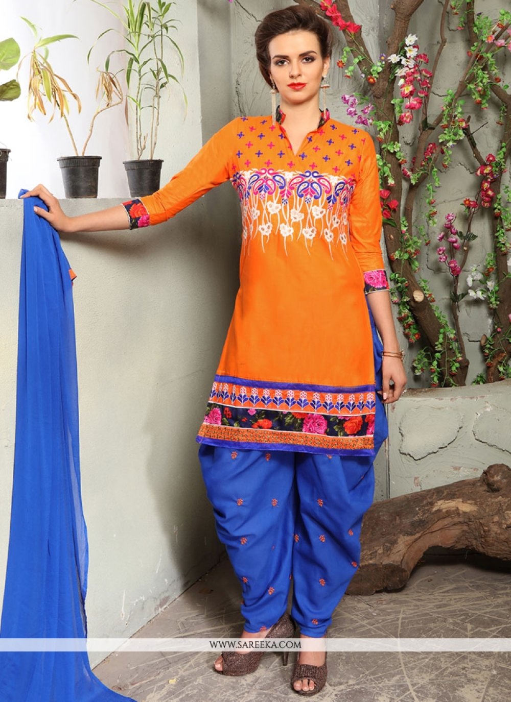 Shop Embroidered Work Blue and Orange Punjabi Suit Online 51805